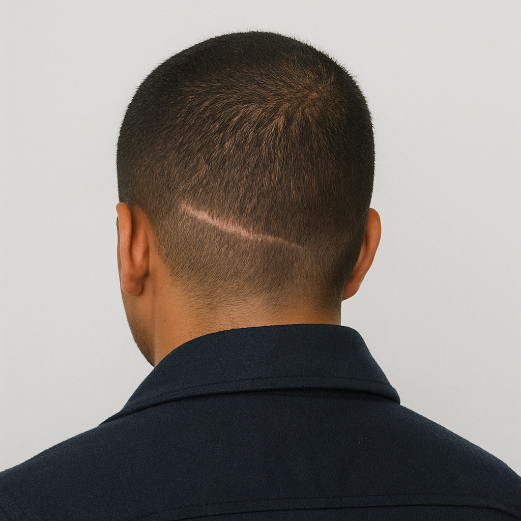 Camouflage d'une cicatrice sur le cuir chevelu par micropigmentation capillaire (SMP) à Montréal-Est.