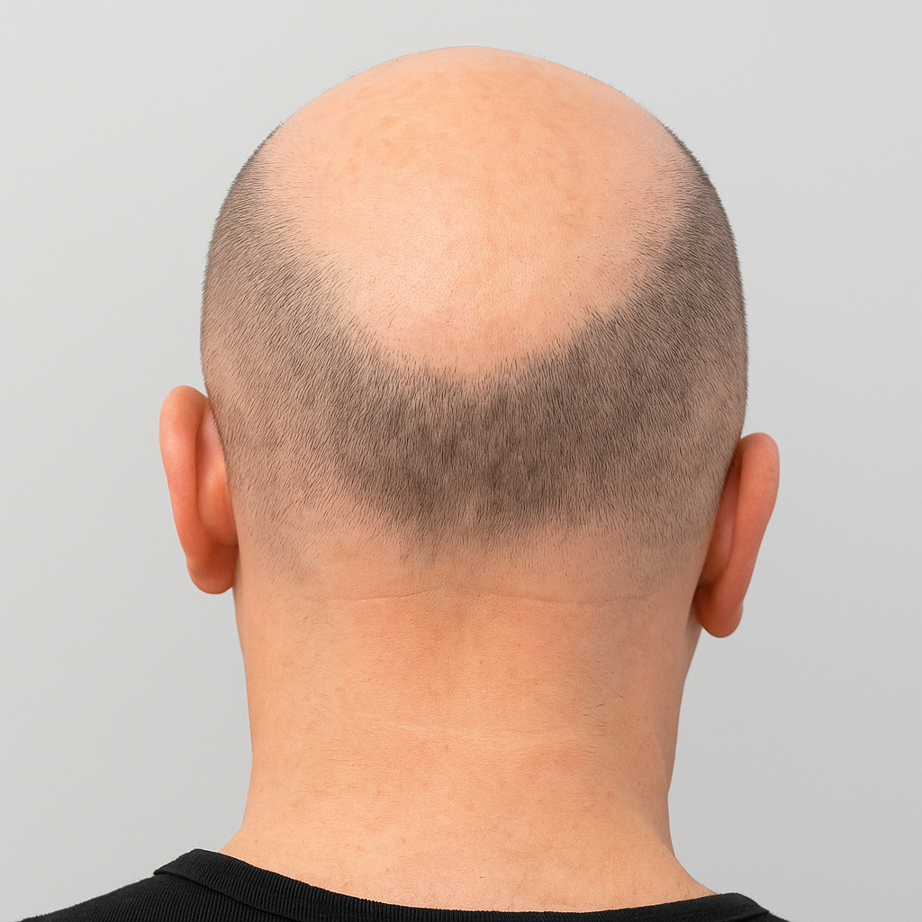 Vue arrière d'une calvitie avancée en couronne avant un traitement de micropigmentation capillaire à notre clinique de Montréal-Est.